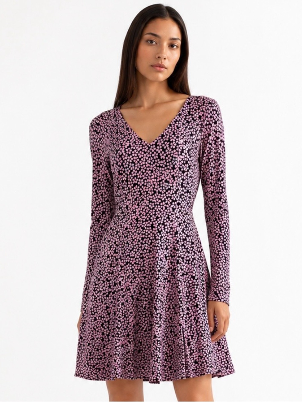 DIANE VON FURSTENBERG Pink and Purple Long-Sleeve V-Neck Floral Dress Size 4